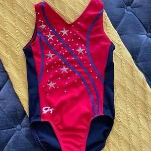 GK USA girls gymnastics leotard CM medium 8 10 red blue stars